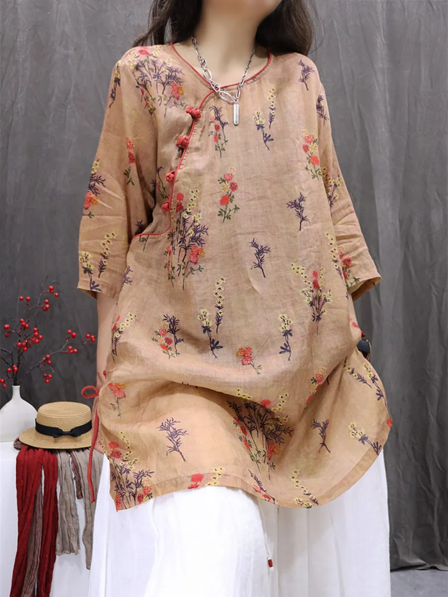 Women Summer Artsy Flower O-Neck 100%Ramie Shirt