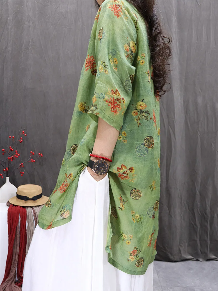 Women Summer Artsy Flower O-Neck 100%Ramie Shirt