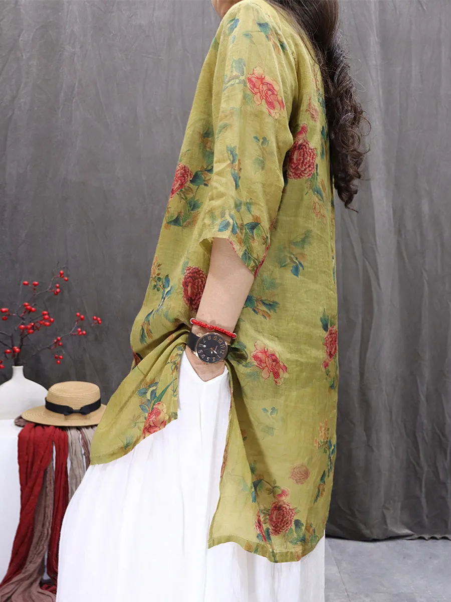 Women Summer Artsy Flower O-Neck 100%Ramie Shirt