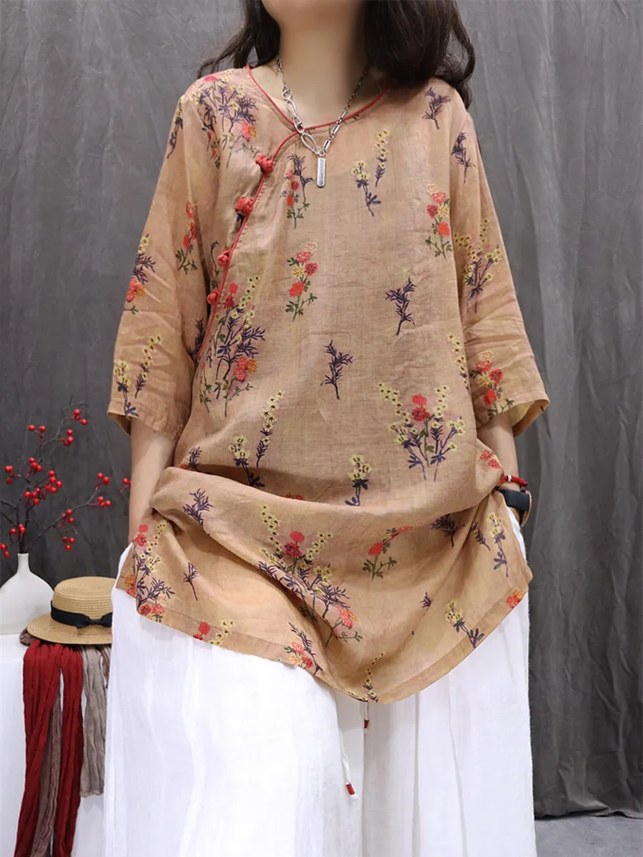Women Summer Artsy Flower O-Neck 100%Ramie Shirt