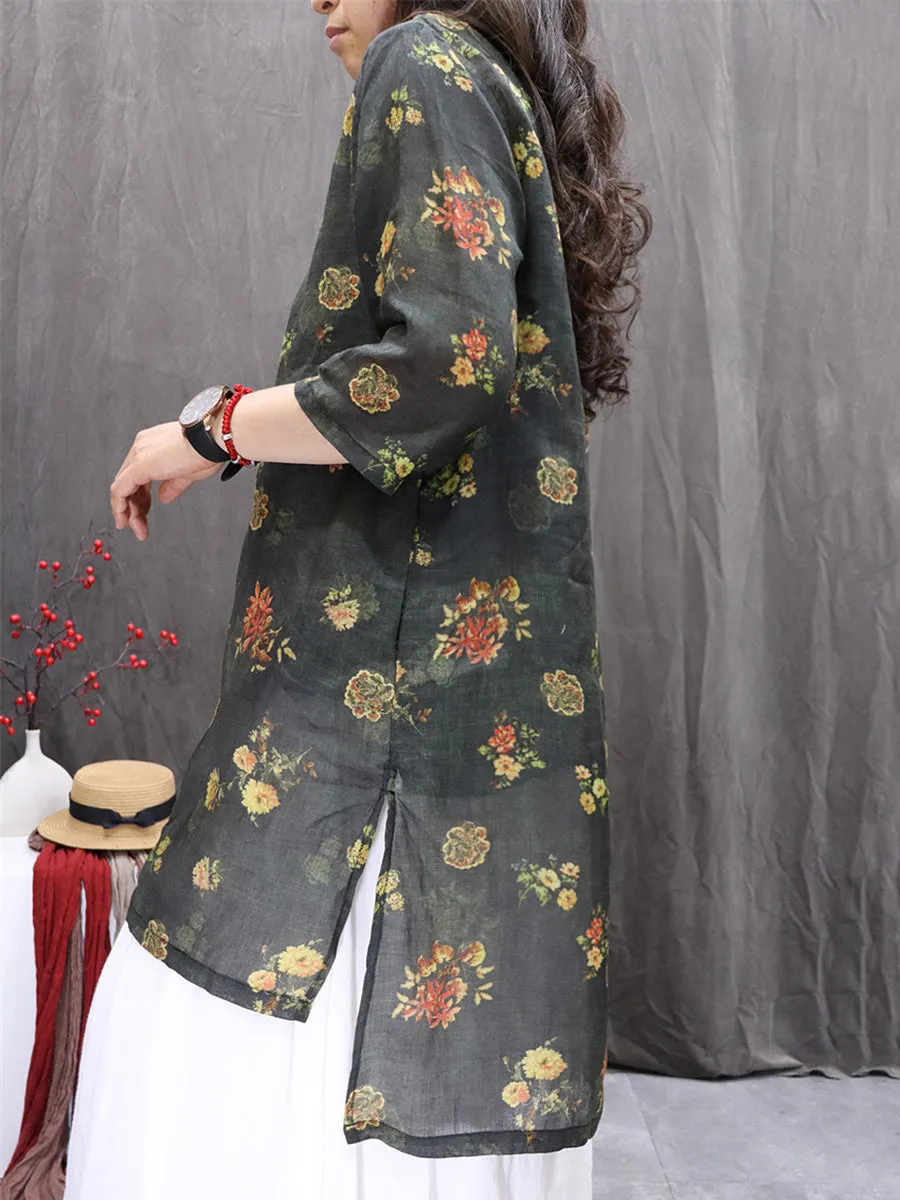 Women Summer Artsy Flower O-Neck 100%Ramie Shirt
