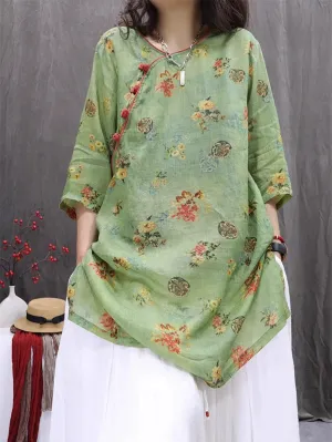 Women Summer Artsy Flower O-Neck 100%Ramie Shirt