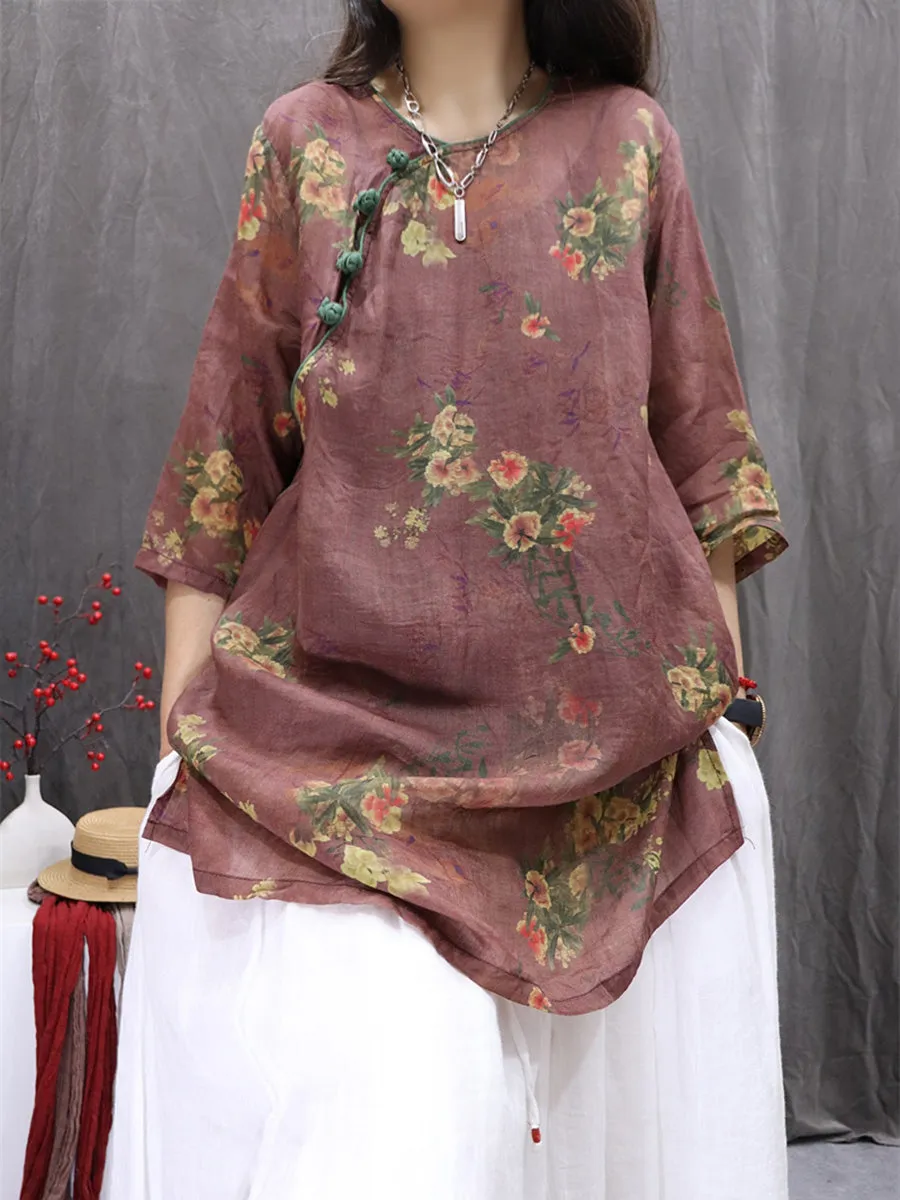 Women Summer Artsy Flower O-Neck 100%Ramie Shirt