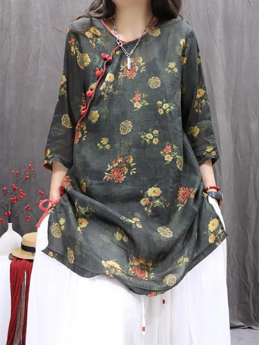 Women Summer Artsy Flower O-Neck 100%Ramie Shirt