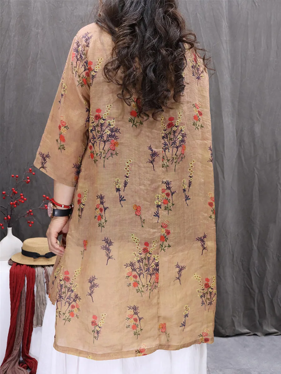 Women Summer Artsy Flower O-Neck 100%Ramie Shirt