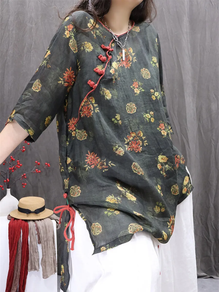 Women Summer Artsy Flower O-Neck 100%Ramie Shirt
