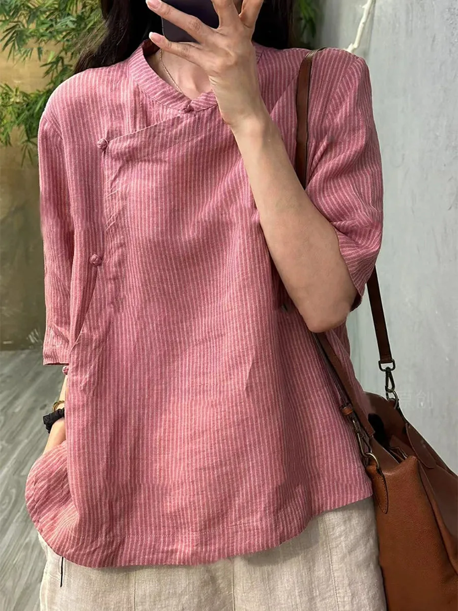 Women Summer Artsy Stripe Stand Collar 100%Linen Shirt