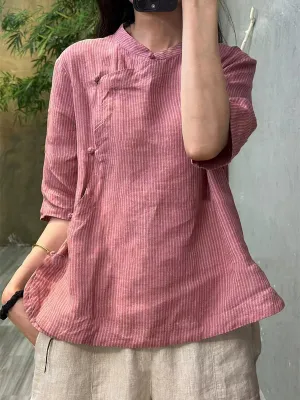Women Summer Artsy Stripe Stand Collar 100%Linen Shirt