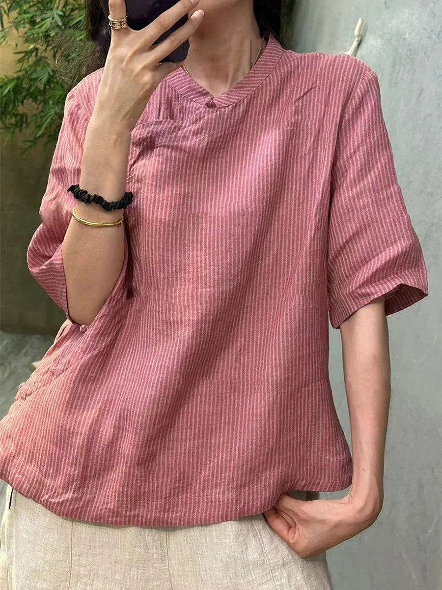 Women Summer Artsy Stripe Stand Collar 100%Linen Shirt