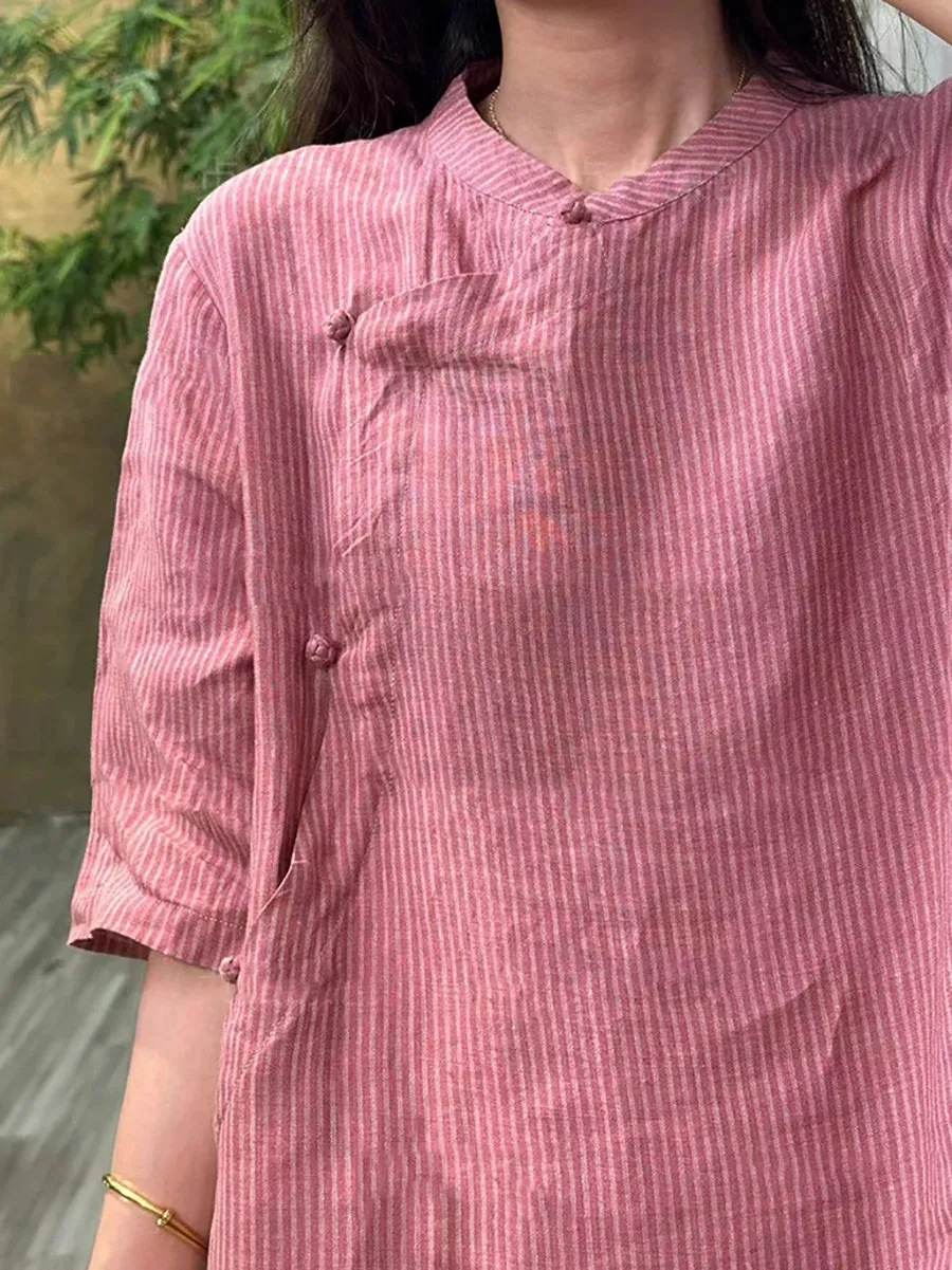 Women Summer Artsy Stripe Stand Collar 100%Linen Shirt