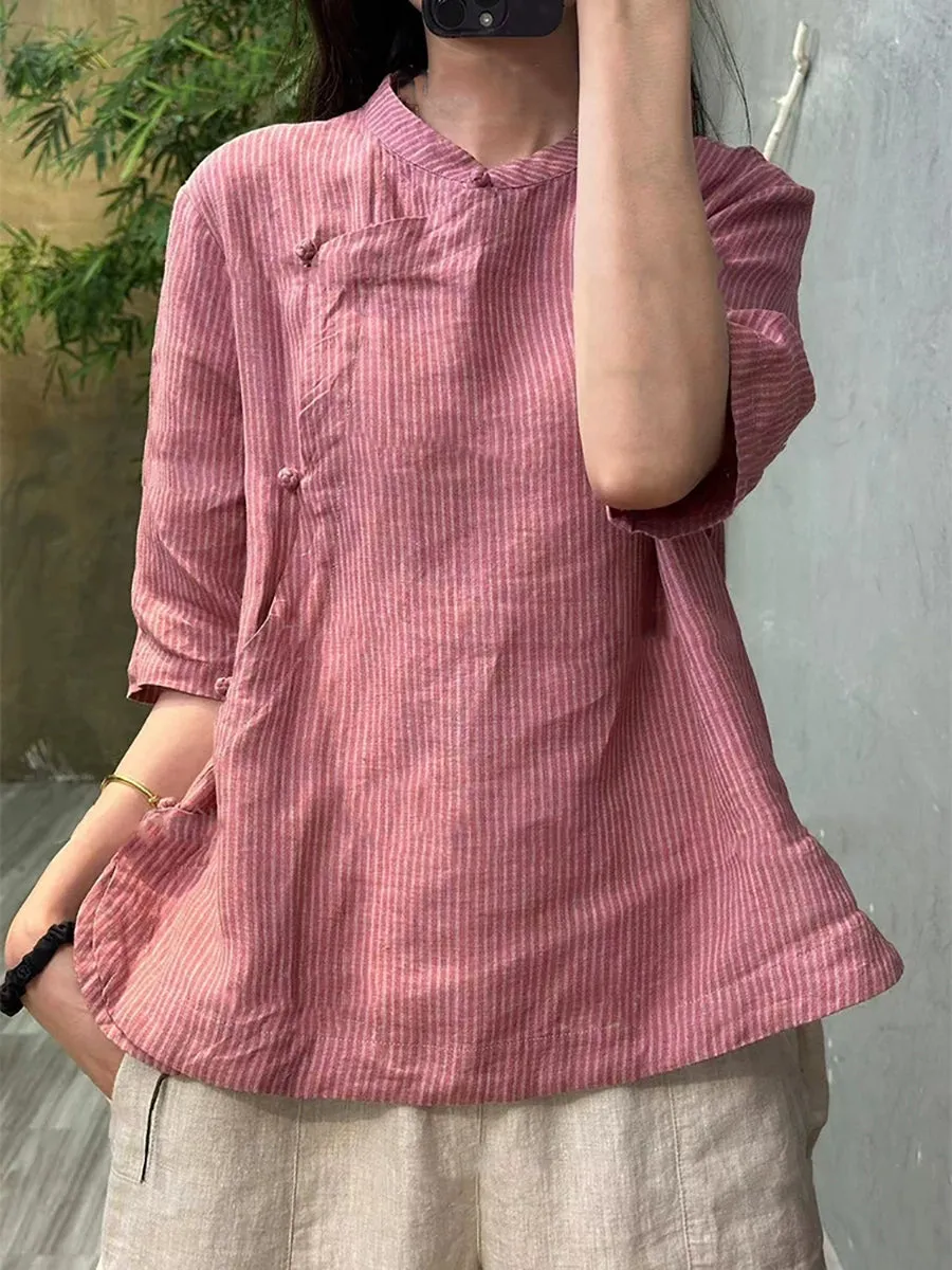 Women Summer Artsy Stripe Stand Collar 100%Linen Shirt