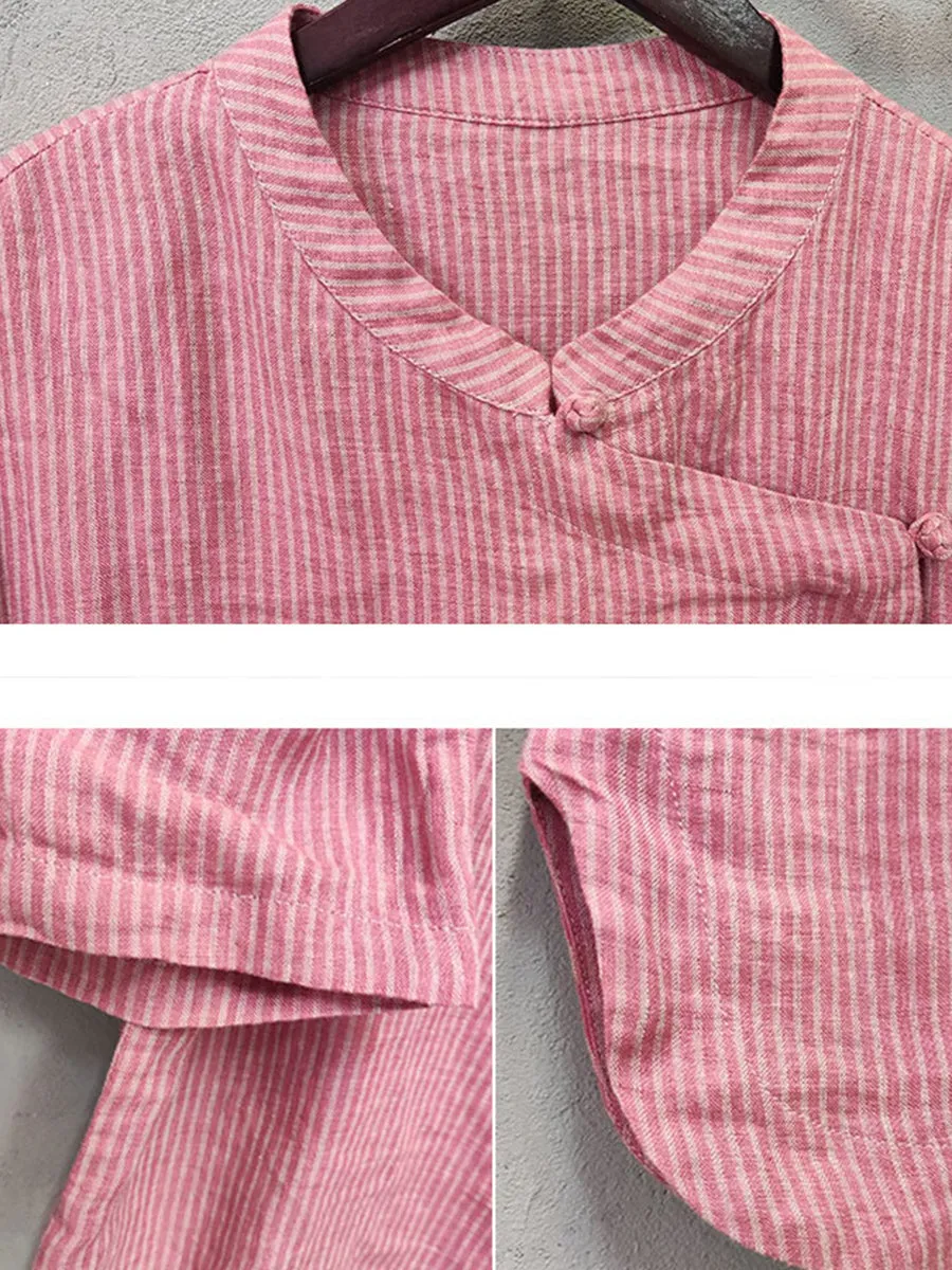 Women Summer Artsy Stripe Stand Collar 100%Linen Shirt