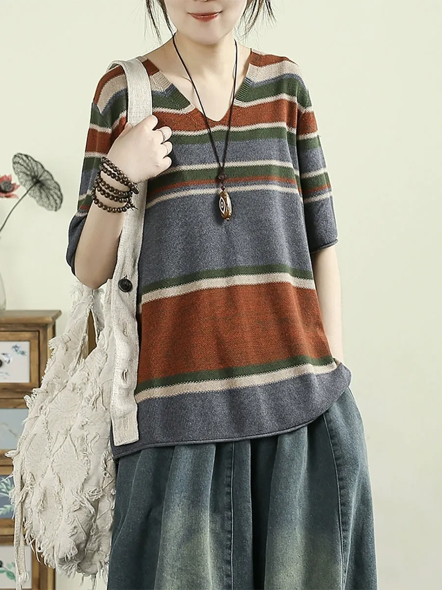 Women Summer Artsy V-Neck Colorblock Stripe Knitted Shirt