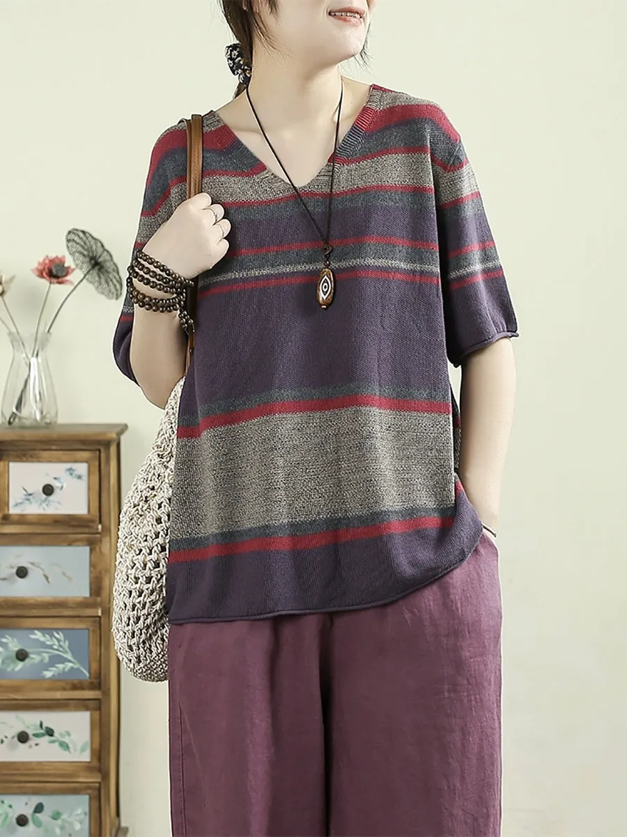 Women Summer Artsy V-Neck Colorblock Stripe Knitted Shirt