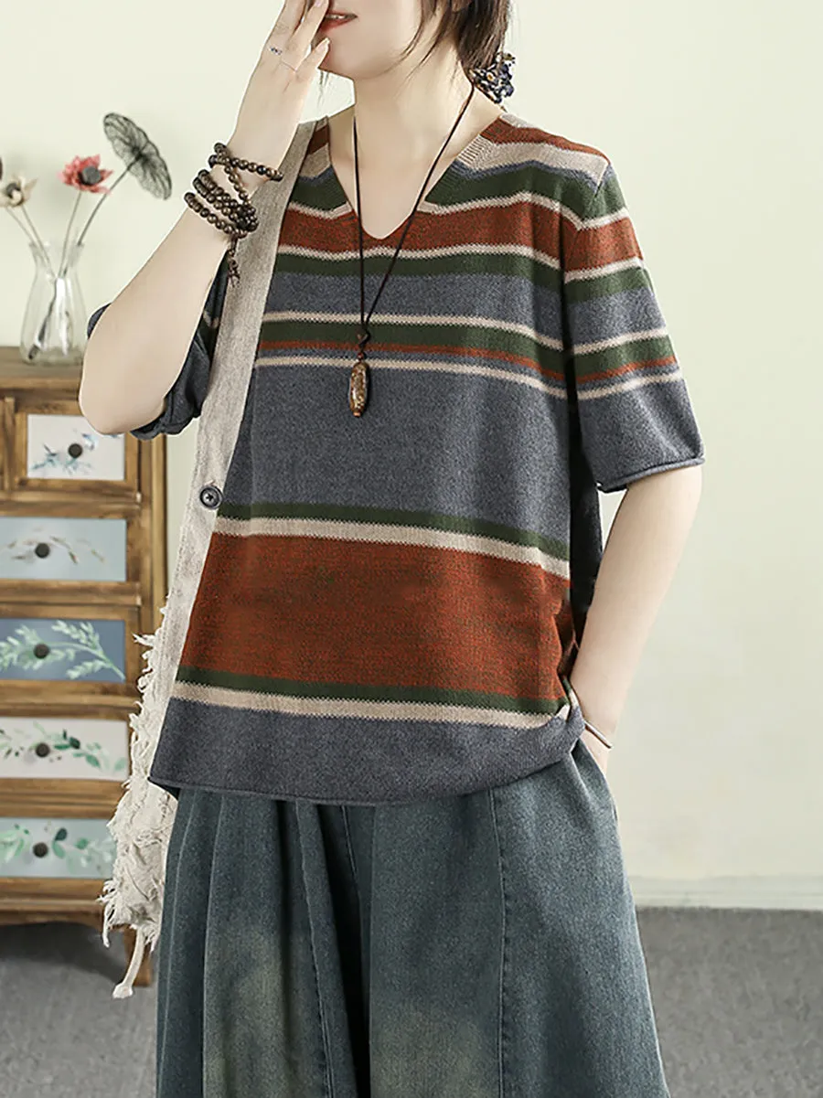 Women Summer Artsy V-Neck Colorblock Stripe Knitted Shirt
