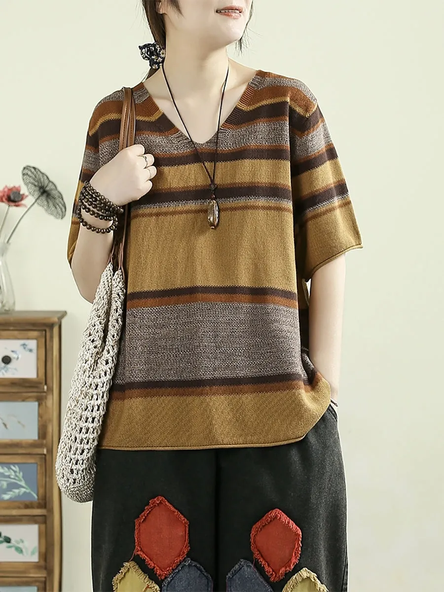 Women Summer Artsy V-Neck Colorblock Stripe Knitted Shirt