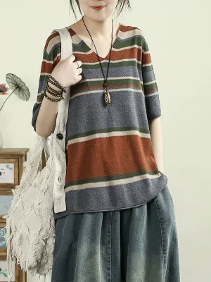 Women Summer Artsy V-Neck Colorblock Stripe Knitted Shirt