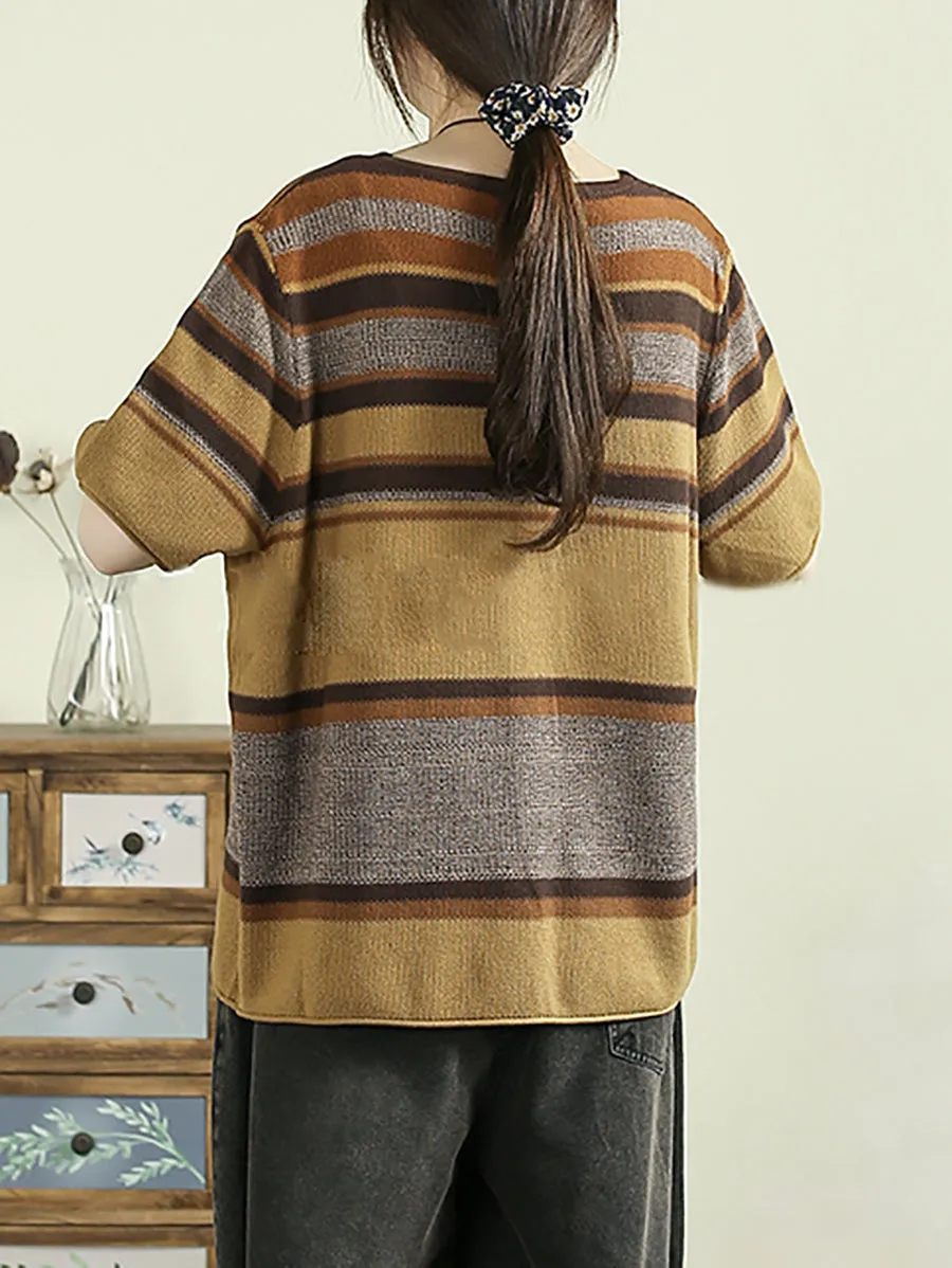 Women Summer Artsy V-Neck Colorblock Stripe Knitted Shirt