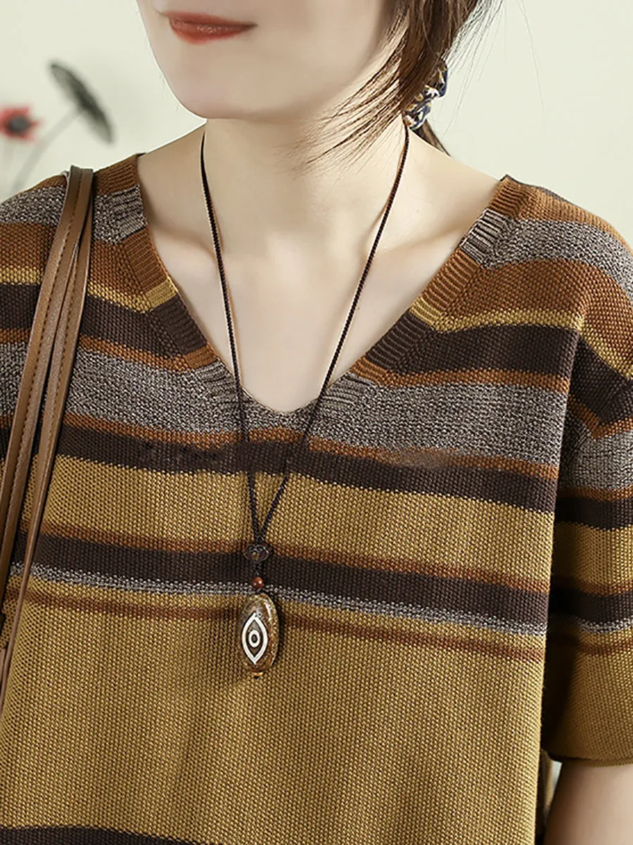 Women Summer Artsy V-Neck Colorblock Stripe Knitted Shirt