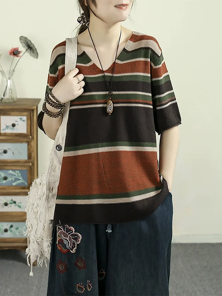 Women Summer Artsy V-Neck Colorblock Stripe Knitted Shirt