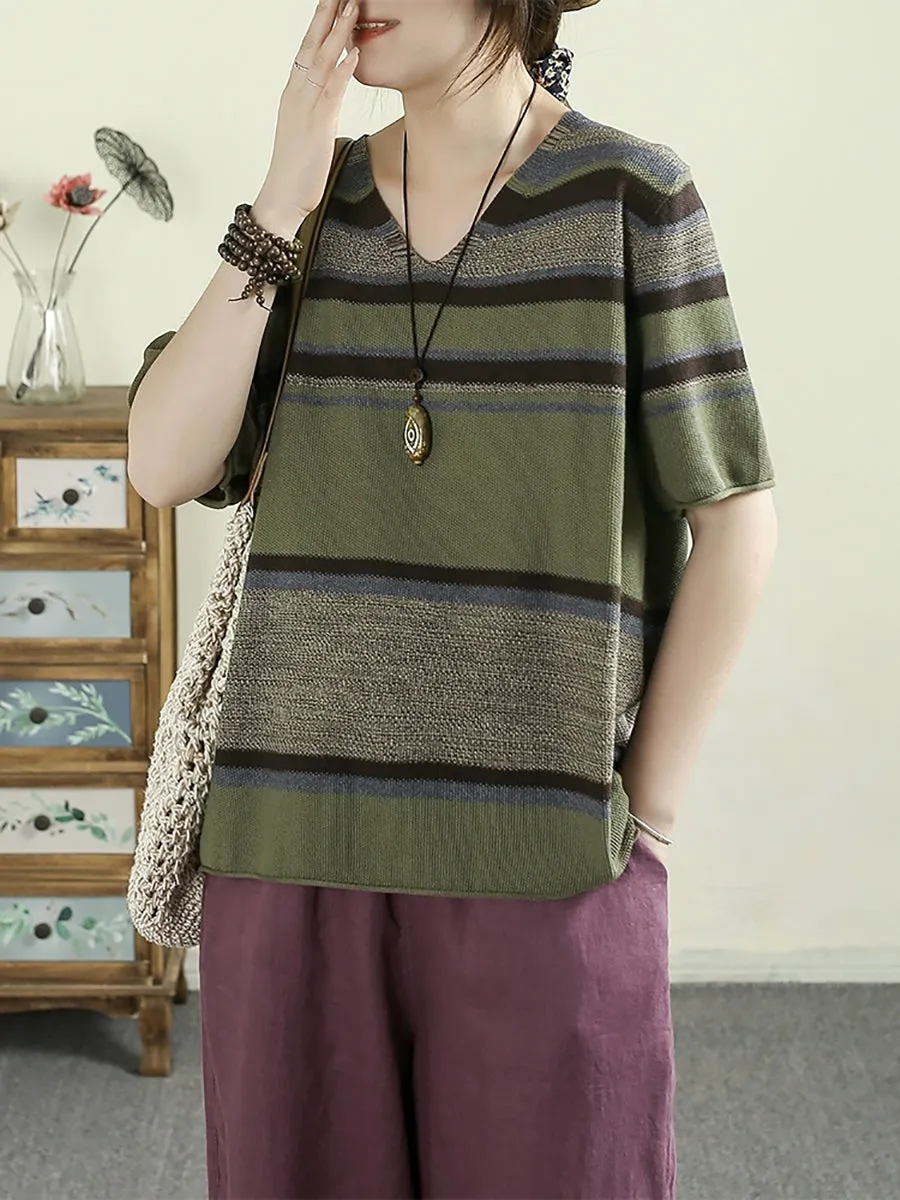 Women Summer Artsy V-Neck Colorblock Stripe Knitted Shirt