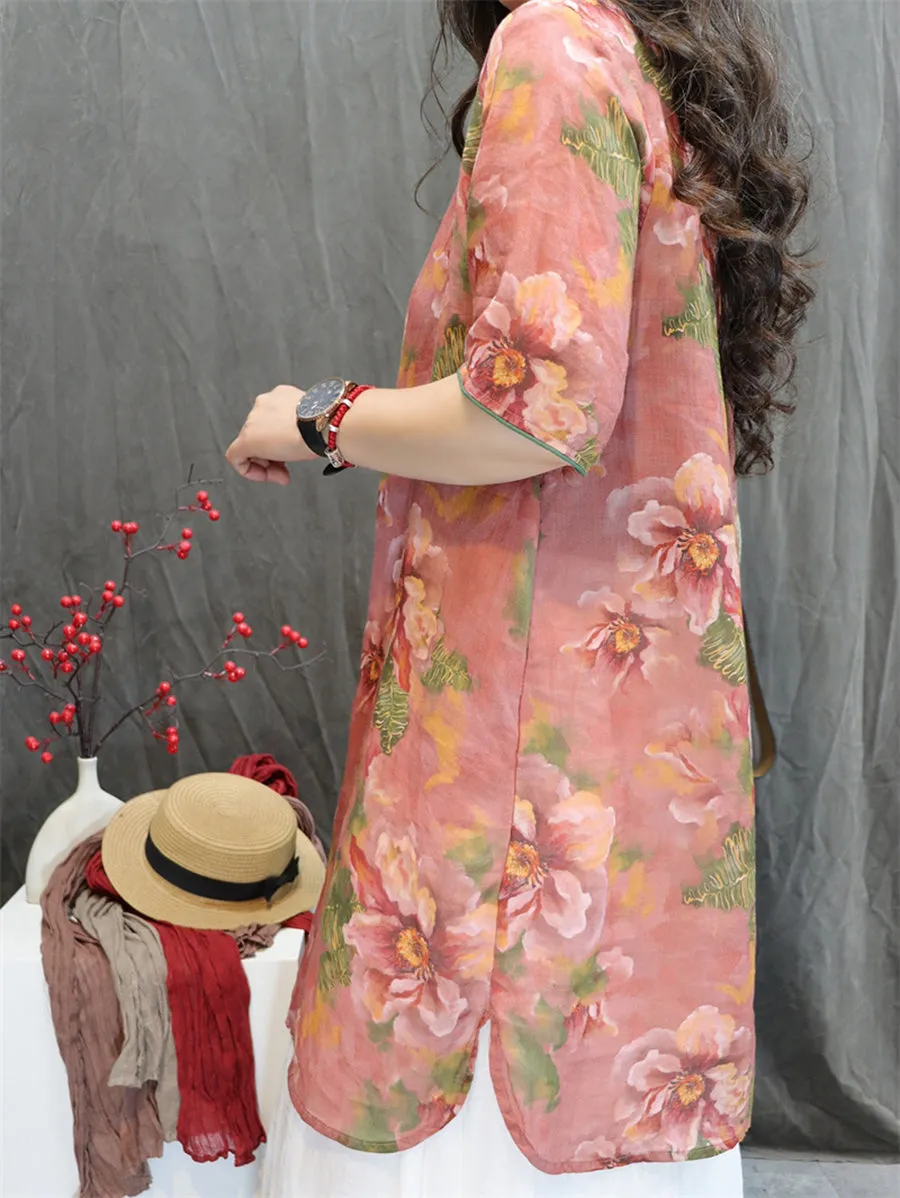 Women Summer Artsy V-Neck Flower 100%Ramie Shirt