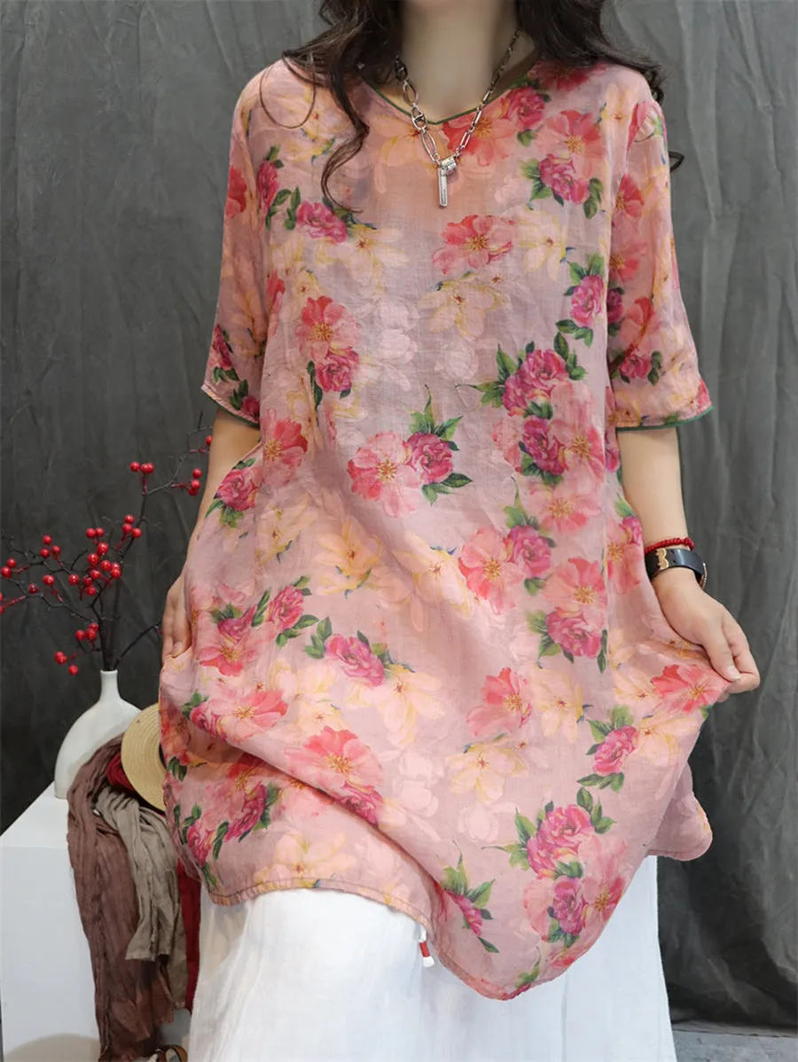 Women Summer Artsy V-Neck Flower 100%Ramie Shirt