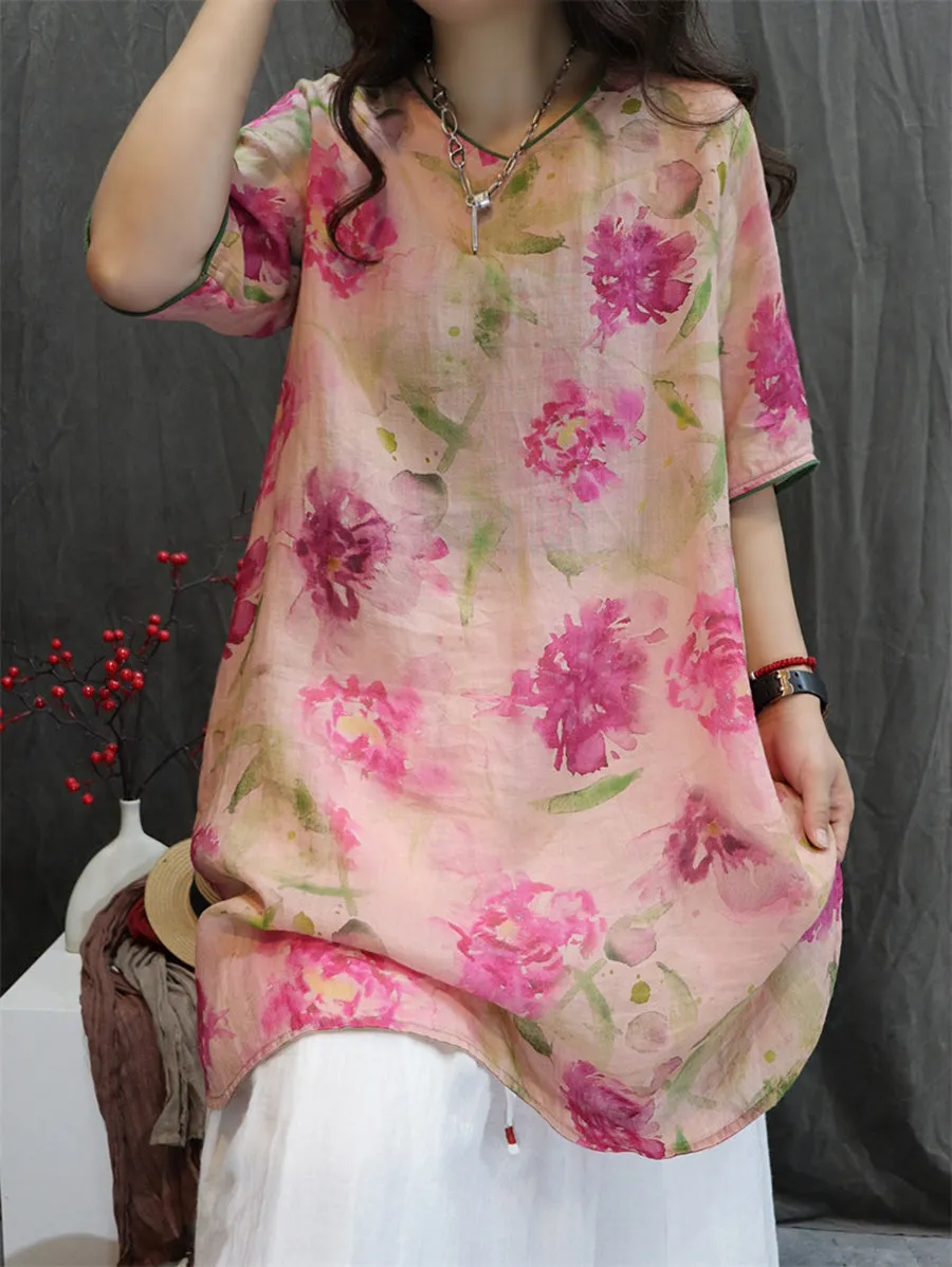 Women Summer Artsy V-Neck Flower 100%Ramie Shirt