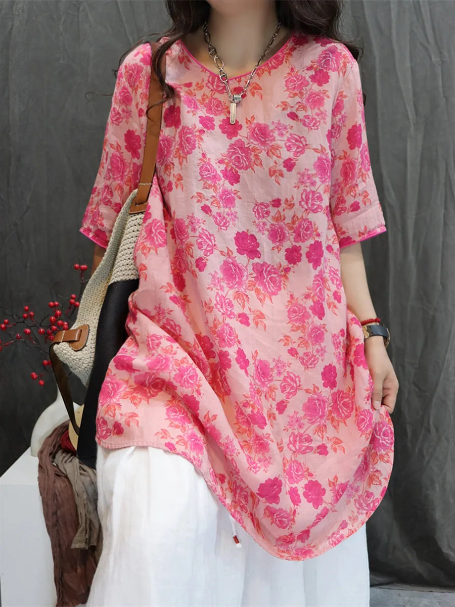 Women Summer Artsy V-Neck Flower 100%Ramie Shirt
