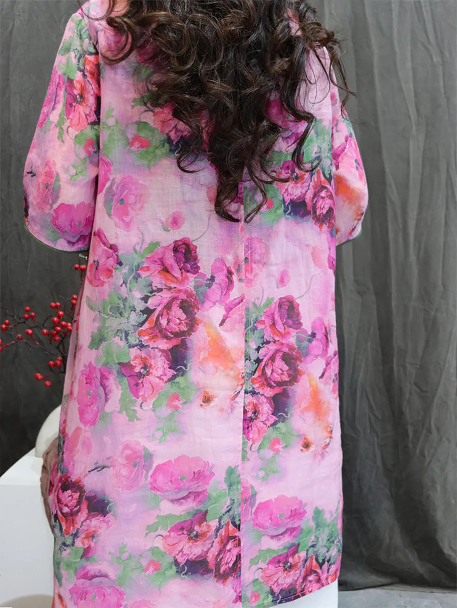 Women Summer Artsy V-Neck Flower 100%Ramie Shirt