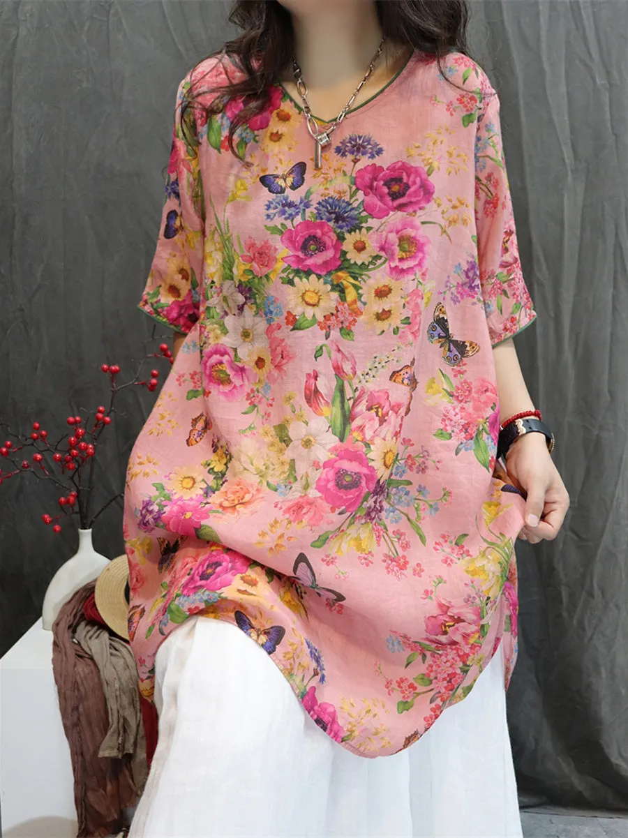 Women Summer Artsy V-Neck Flower 100%Ramie Shirt