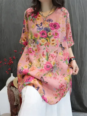 Women Summer Artsy V-Neck Flower 100%Ramie Shirt