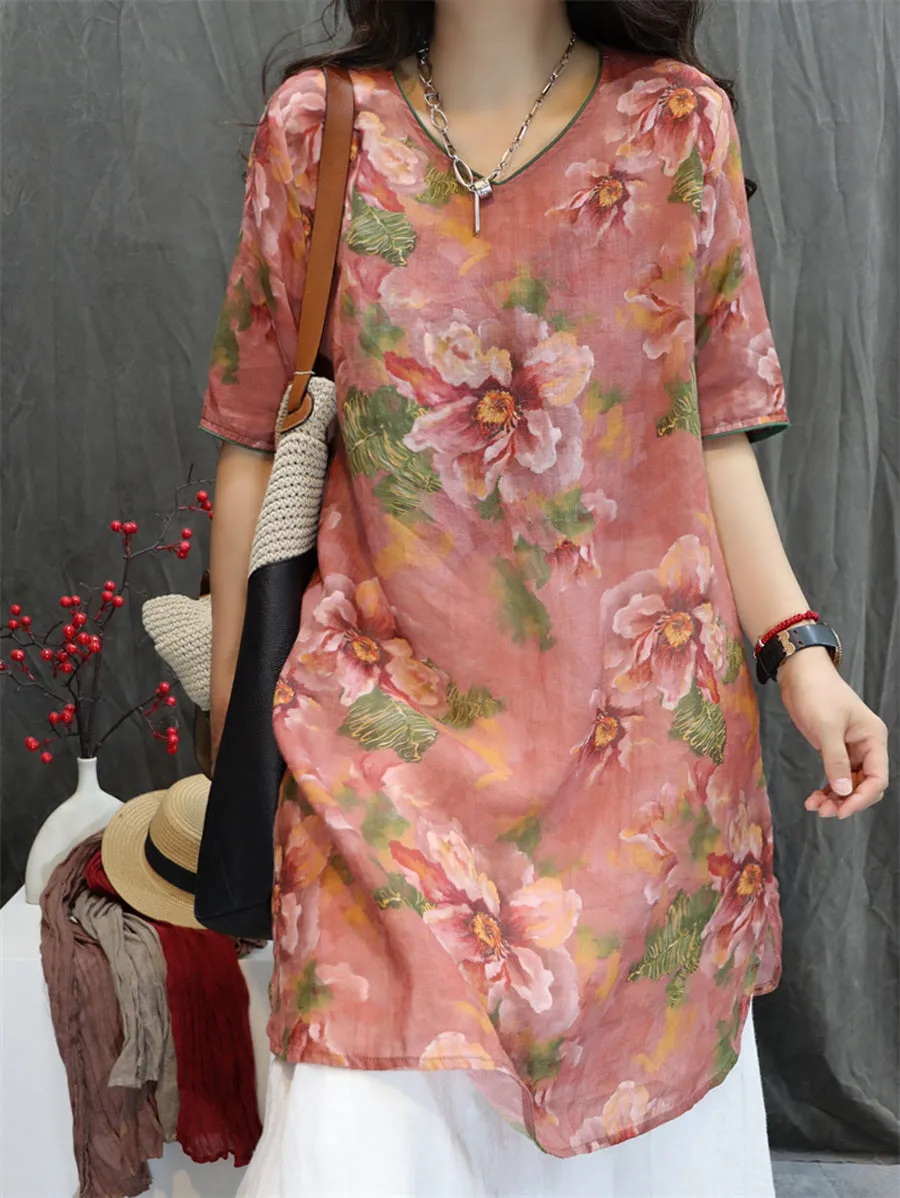 Women Summer Artsy V-Neck Flower 100%Ramie Shirt