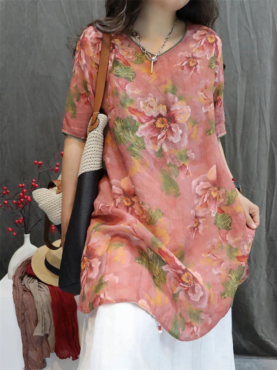 Women Summer Artsy V-Neck Flower 100%Ramie Shirt