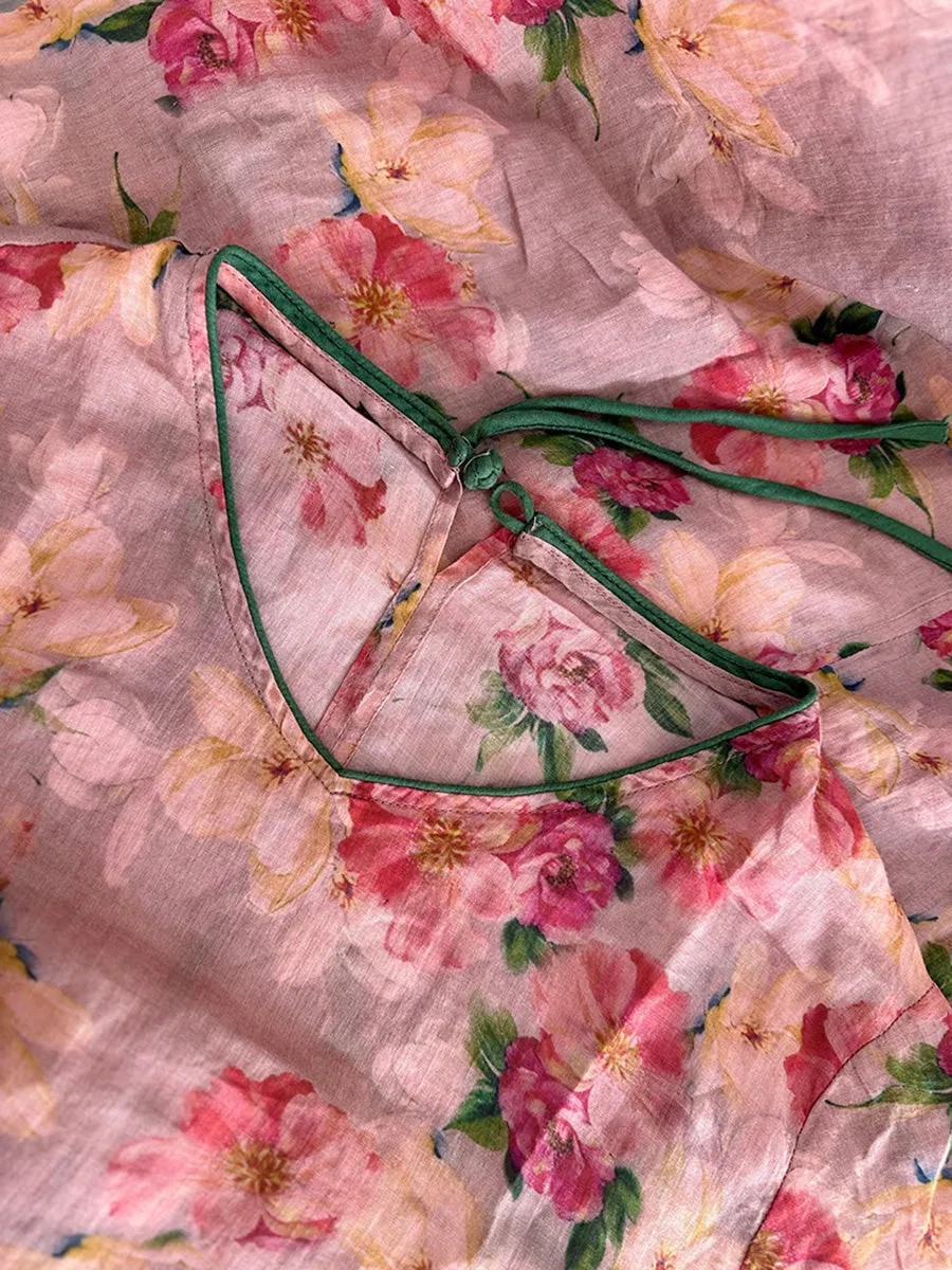 Women Summer Artsy V-Neck Flower 100%Ramie Shirt