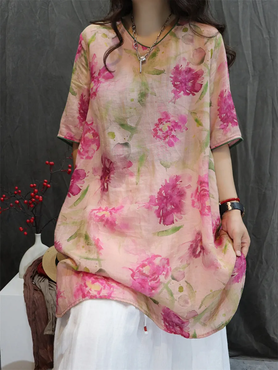 Women Summer Artsy V-Neck Flower 100%Ramie Shirt