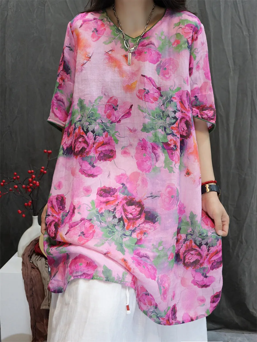 Women Summer Artsy V-Neck Flower 100%Ramie Shirt