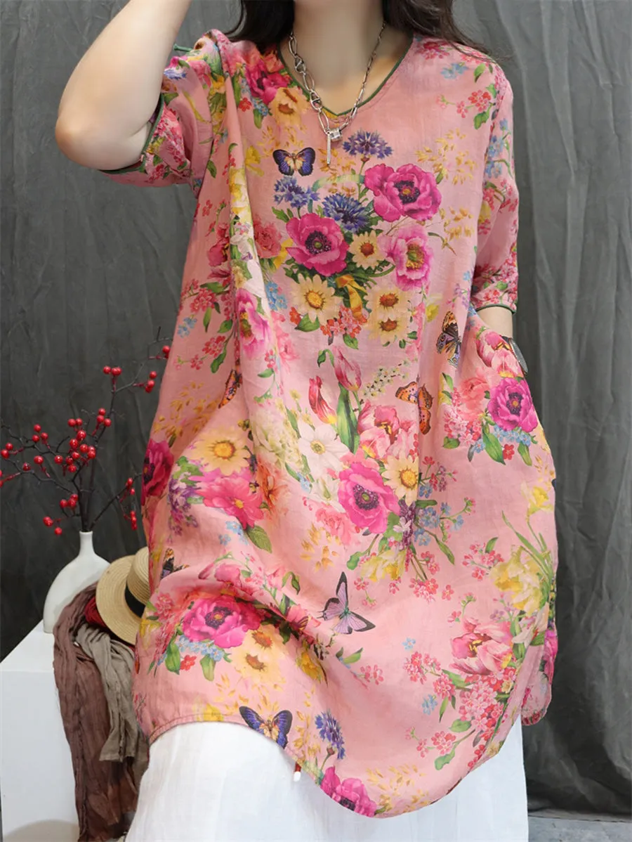Women Summer Artsy V-Neck Flower 100%Ramie Shirt