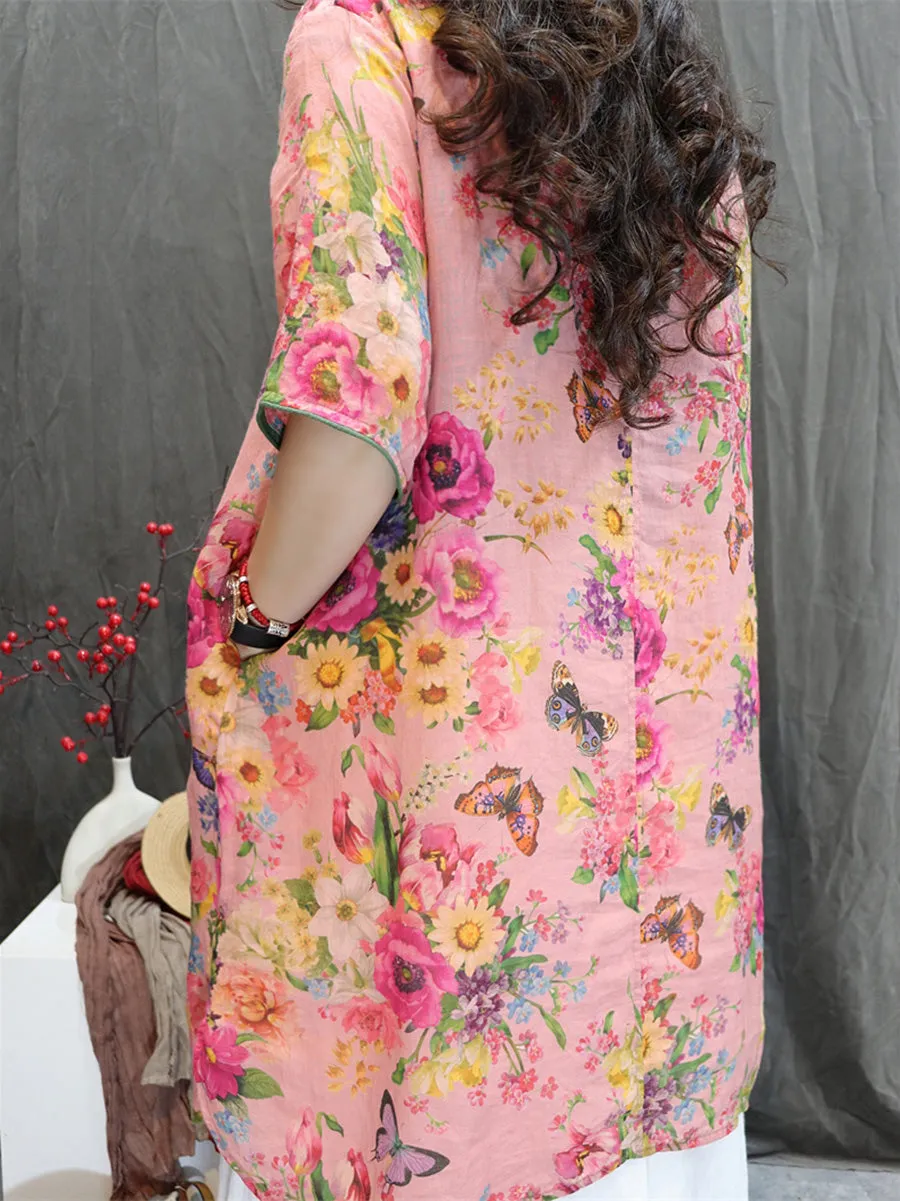 Women Summer Artsy V-Neck Flower 100%Ramie Shirt