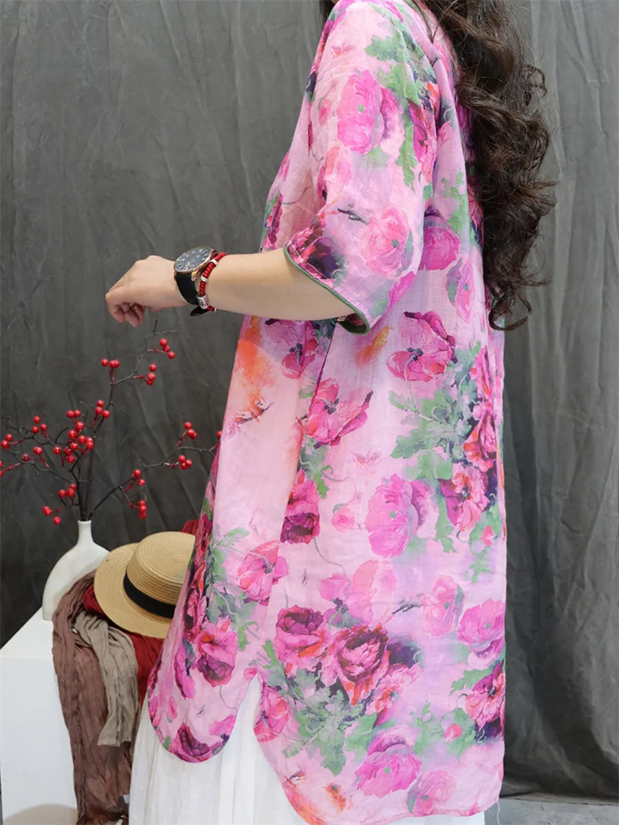 Women Summer Artsy V-Neck Flower 100%Ramie Shirt