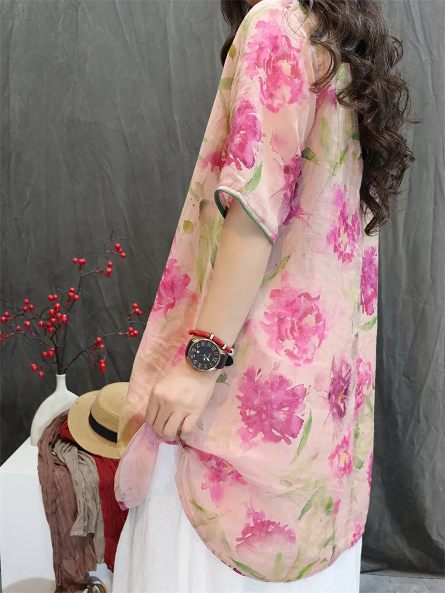 Women Summer Artsy V-Neck Flower 100%Ramie Shirt