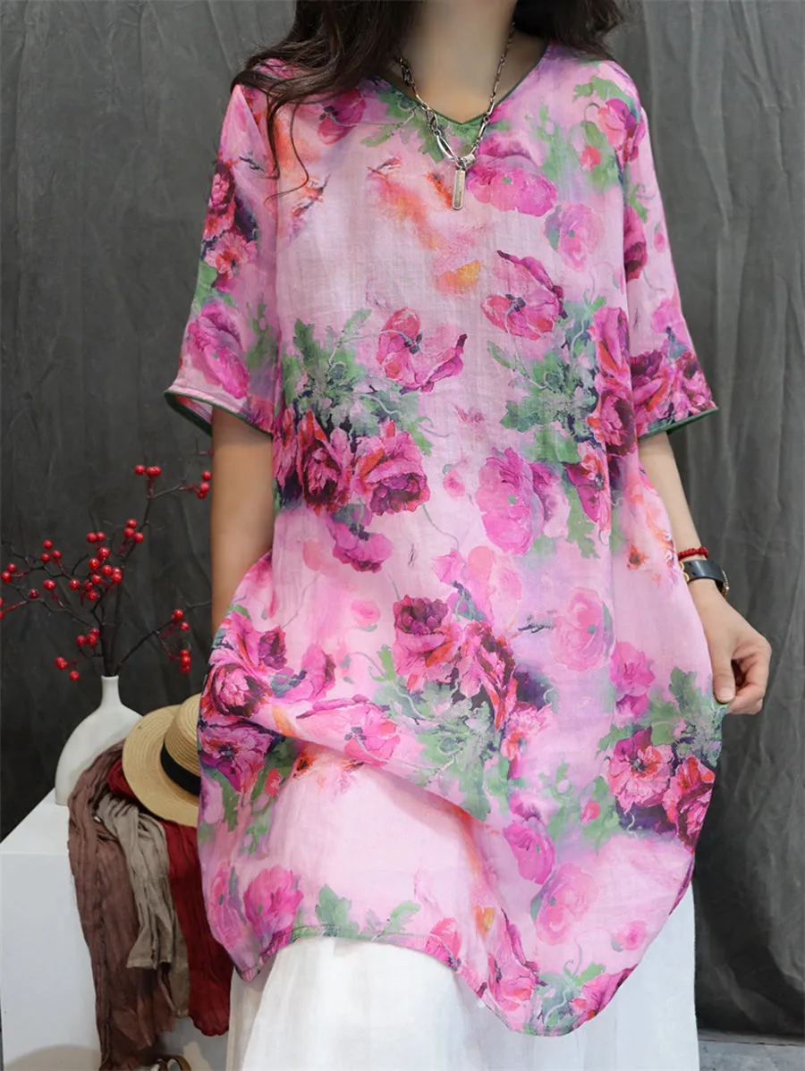 Women Summer Artsy V-Neck Flower 100%Ramie Shirt