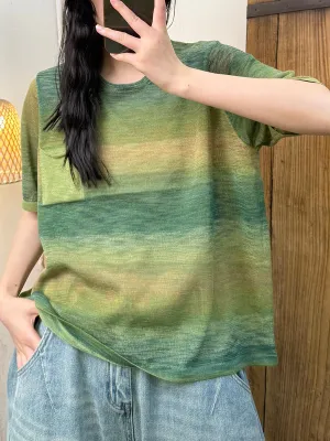Women Summer Casual Colorblock Knitted O-Neck Shirt