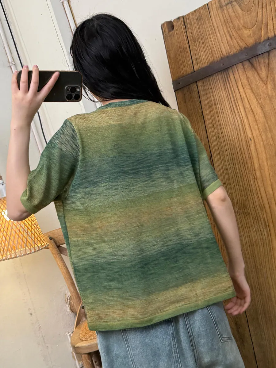 Women Summer Casual Colorblock Knitted O-Neck Shirt
