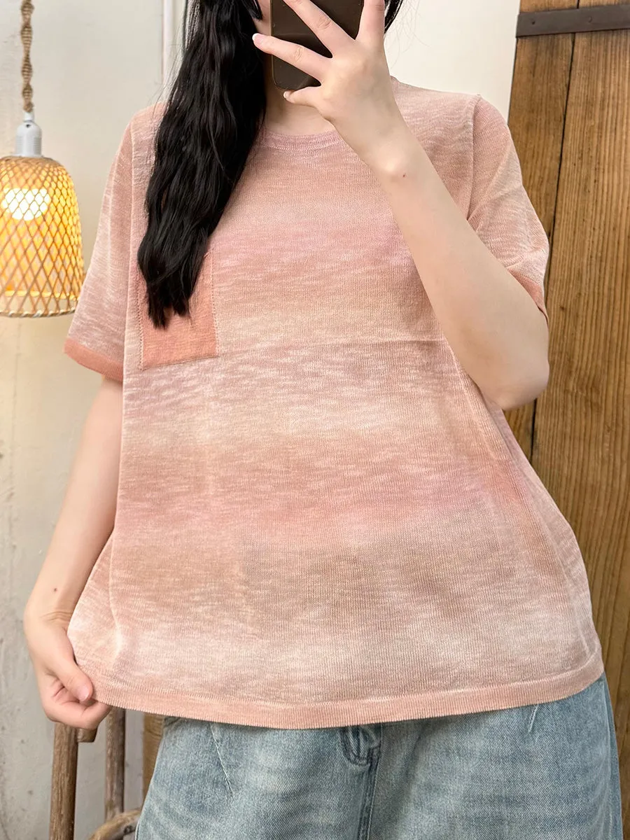 Women Summer Casual Colorblock Knitted O-Neck Shirt