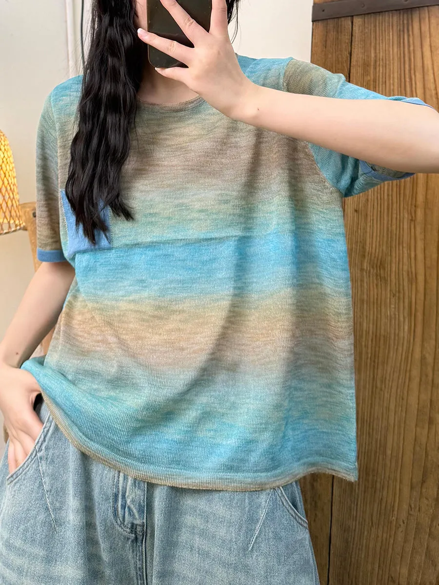 Women Summer Casual Colorblock Knitted O-Neck Shirt