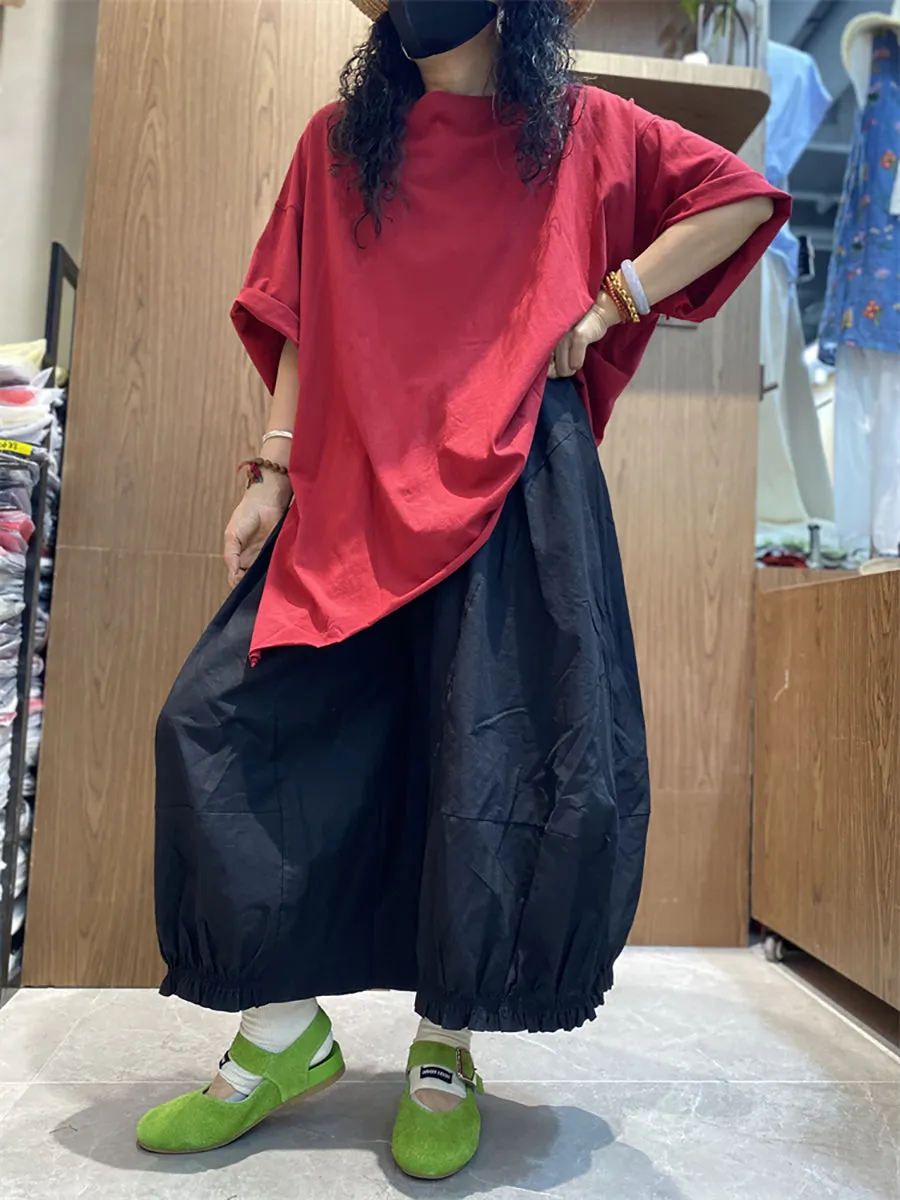 Women Summer Casual Irregular Hem O-Neck Cotton Shirt