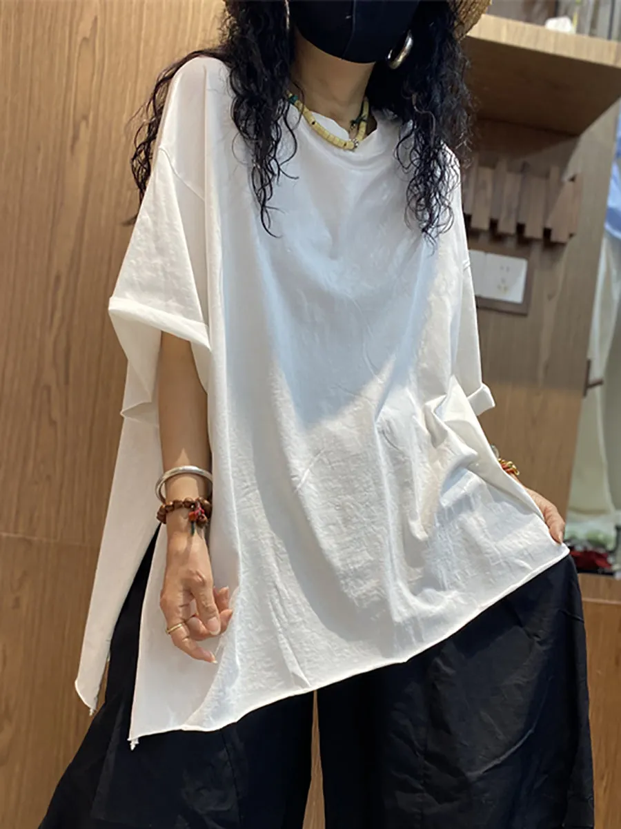 Women Summer Casual Irregular Hem O-Neck Cotton Shirt