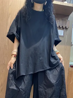 Women Summer Casual Irregular Hem O-Neck Cotton Shirt