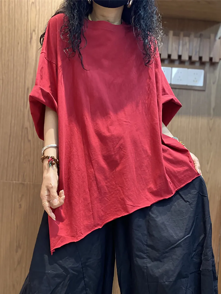 Women Summer Casual Irregular Hem O-Neck Cotton Shirt